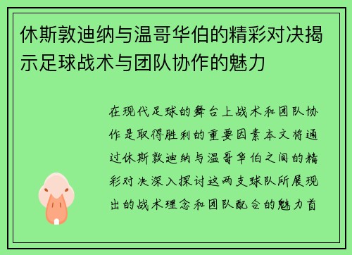 休斯敦迪纳与温哥华伯的精彩对决揭示足球战术与团队协作的魅力
